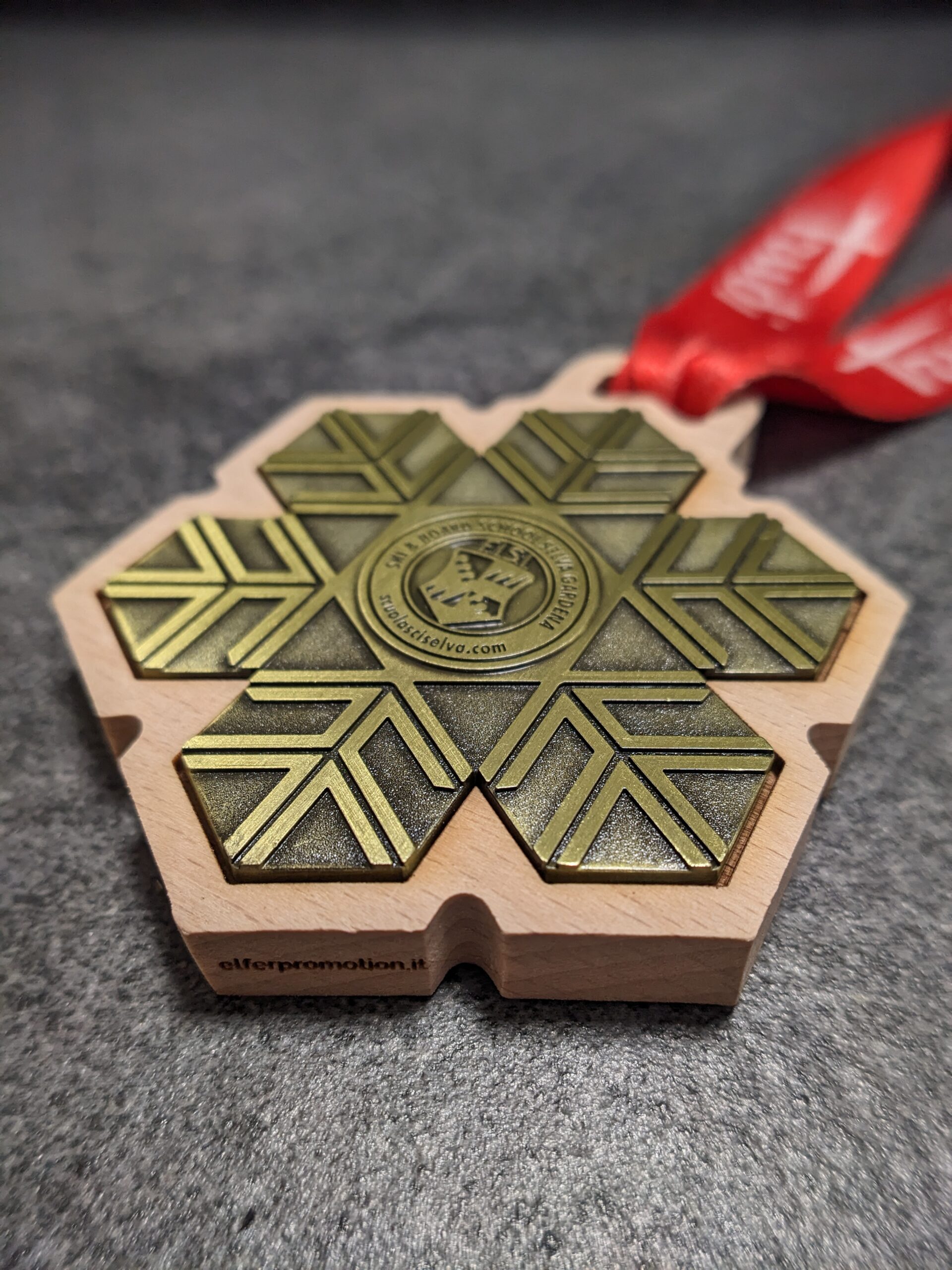 custom skischool selva natural fsc wood medal with 2D embossed metal insert antique bronze finish with personalized sublimation ribbon side view custom skischool selva natural fsc wood medal with 2D embossed metal insert antique bronze finish with personalized sublimation ribbon side view