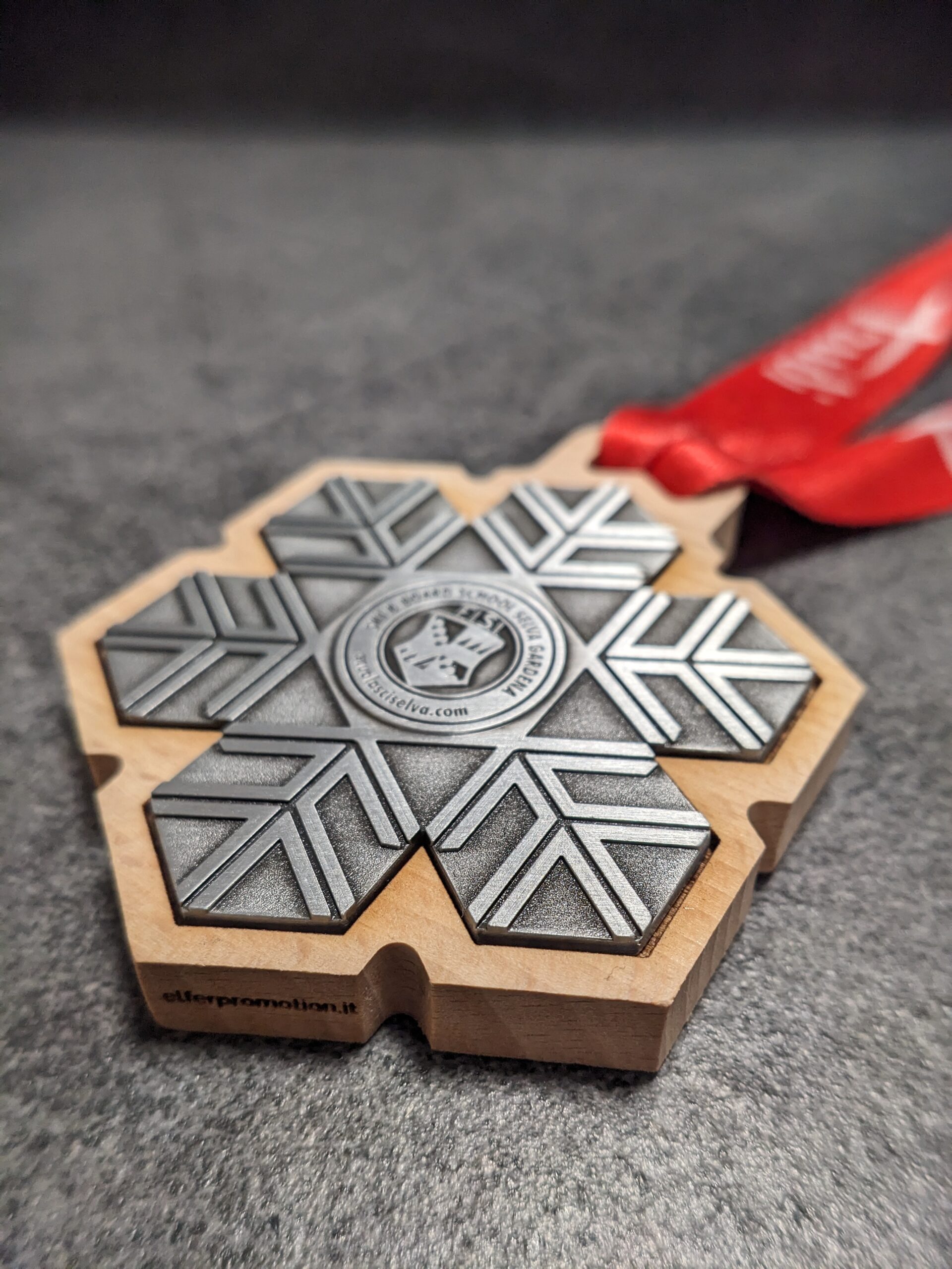 custom skischool selva natural fsc wooden medal with 2D embossed metal insert antique silver finish with personalized sublimation ribbon side view custom skischool selva natural fsc wooden medal with 2D embossed metal insert antique silver finish with personalized sublimation ribbon side view